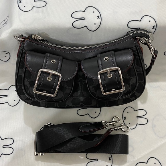 Coach Handbags - Coach Black Signature Canvas Mini Shoulder Bag with Buckle Pockets